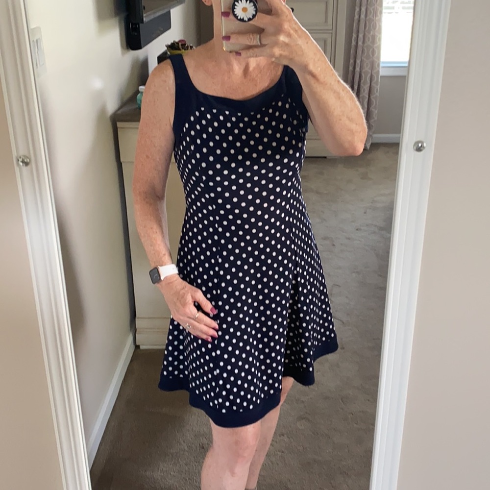 Chaps petite boat neck sleeveless polka dot summer dress - Picture 3 of 11